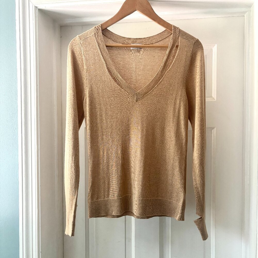 ecru Silk Cashmere Long Sleeve Top Cut Out Camel Size Small